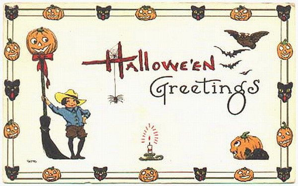 Vintage Halloween Greetings Card with Jack-O'-Lanterns and Black Cats