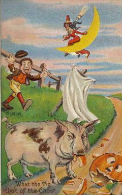 Victorian Halloween Greeting Card with Pig, Ghost & Moon Ride