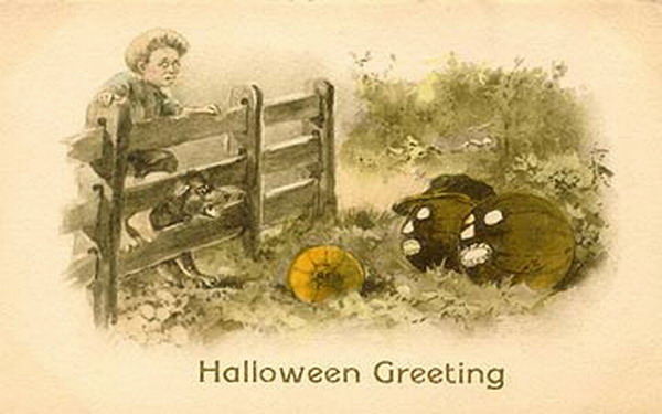 Victorian Halloween Greeting Card with Boy, Black Cat & Pumpkins