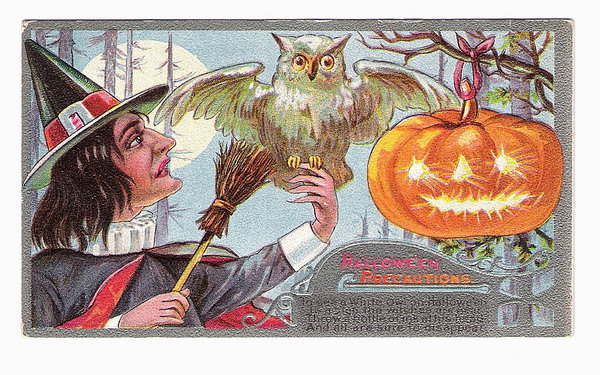 Vintage Halloween Witch with Owl Greeting Card, Victorian Era