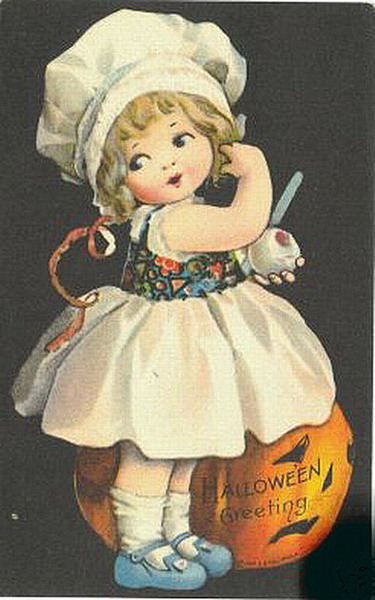 Vintage Halloween Greeting Card with Child on Pumpkin, Early 1900s