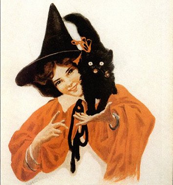 Vintage Halloween Witch & Black Cat Greeting Card 1920s-1930s