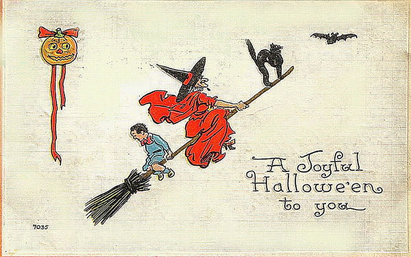 Joyful Halloween Greeting Card with Witch on Broomstick