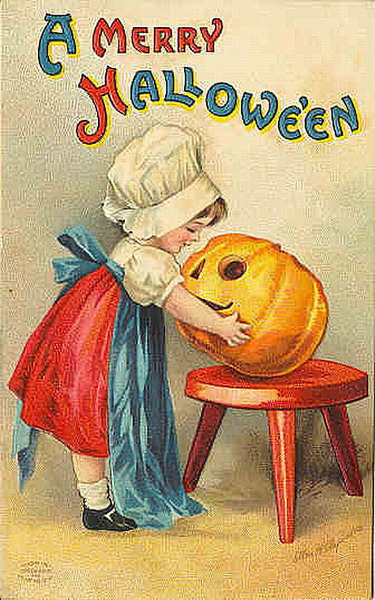 Vintage Merry Halloween Card with Child & Jack-O'-Lantern