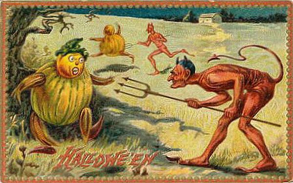 Vintage Halloween Greeting Card with Devil & Yellow Demon