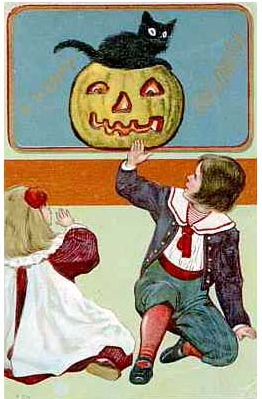 Vintage Halloween Greeting Card: Black Cat & Jack-O'-Lantern