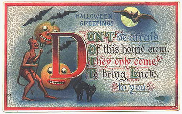 Victorian Halloween Greeting Card - Devil & Jack-o'-Lantern