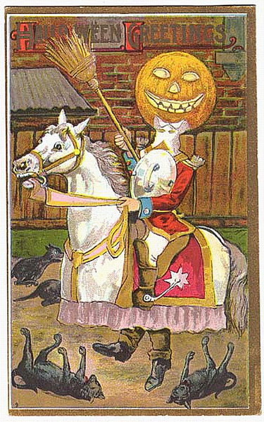 Vintage Halloween Greeting Card: Jack O'Lantern Rider on White Horse