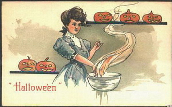 Vintage Halloween Greeting Card: Woman with Jack-O-Lantern Cauldron