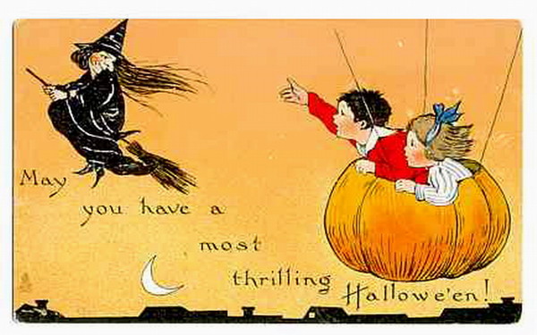 Vintage Halloween Greeting Card with Witch and Pumpkin, Early 1900s