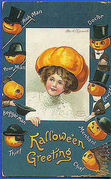 Vintage Halloween Greeting Card with Jack-o'-Lanterns and Costumed Characters