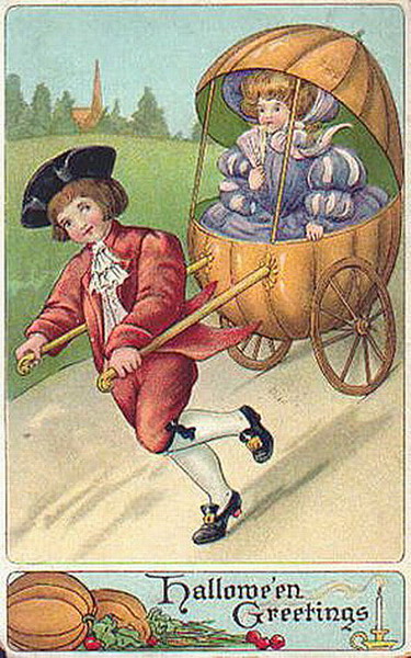 Victorian Halloween Greeting Card with Boy & Pumpkin Carriage