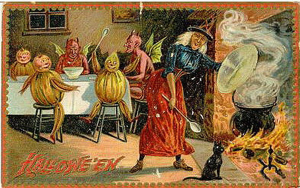 Vintage Halloween Greeting Card with Witches & Demons
