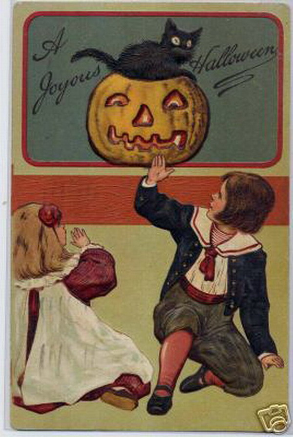 Vintage Halloween Greeting Card with Jack-o'-Lantern and Black Cat