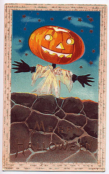 Vintage Halloween Pumpkin Scarecrow Greeting Card Early 1900s