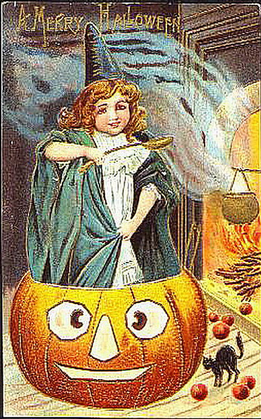 Vintage Halloween Greeting Card with Jack-O'-Lantern & Witch Girl