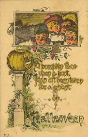 Victorian Halloween Greeting Card with Children and Pumpkin Lantern