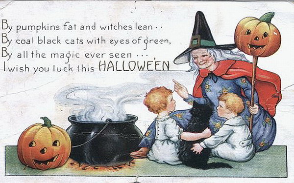 Vintage Halloween Greeting Card with Witch, Jack-o'-Lantern & Children