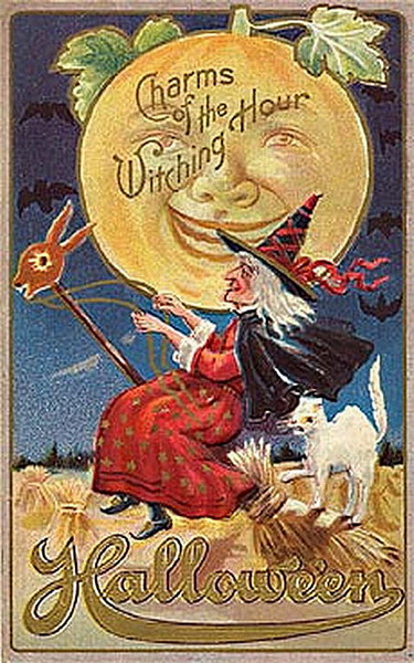 Vintage Halloween Greeting Card: Witching Hour Charm with Moon Face