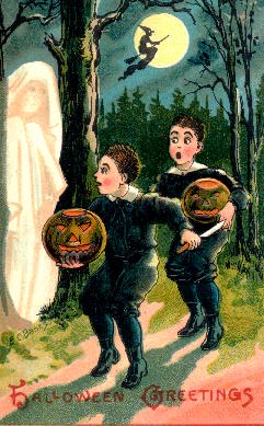 Vintage Halloween Greeting Card with Ghost & Jack-o'-Lanterns