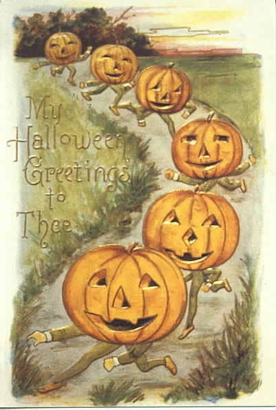 Vintage Halloween Greeting Card with Jack-O'-Lantern Characters