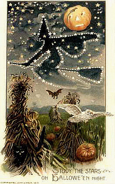 Vintage Halloween Greeting Card with Witch & Full Moon - Victorian Era