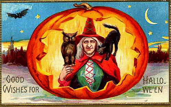 Victorian Halloween Witch Pumpkin Greeting Card with Black Cat