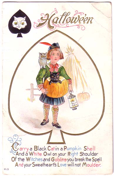 Vintage Halloween Greeting Card with Girl & Black Cat