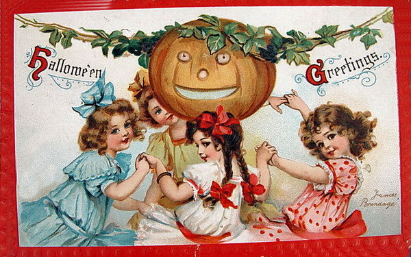 Victorian Halloween Greetings Card with Jack-O'-Lantern and Children