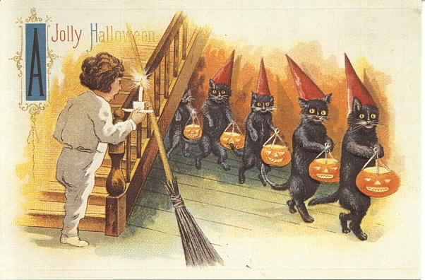Jolly Halloween Vintage Greeting Card | Black Cats & Jack-O'-Lanterns