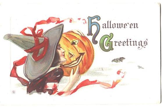 Vintage Halloween Greetings Card with Jack-O'-Lantern & Witch Hat