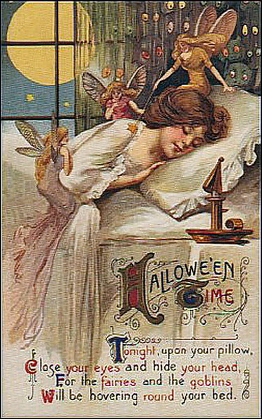 Halloween Bedtime Vintage Greeting Card with Fairies & Goblins