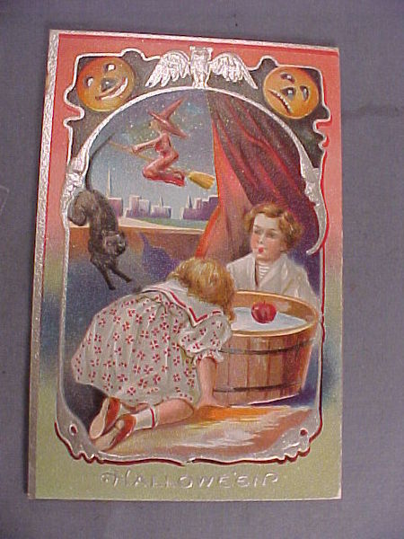 Vintage Halloween Greeting Card - Children Bobbing for Apples