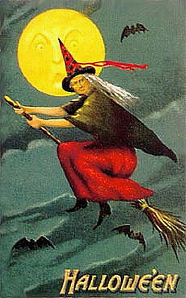 Vintage Halloween Witch Greeting Card - Early 1900s Flying Broomstick