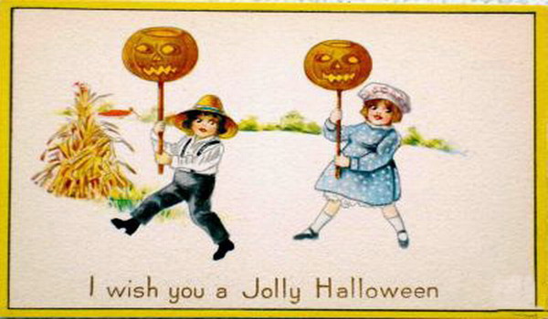 Vintage Halloween Greeting Card - Children & Jack-O-Lanterns