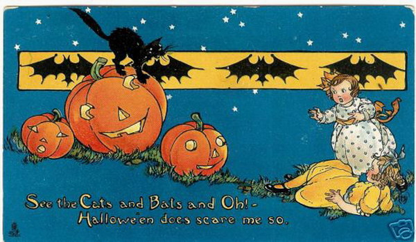 Vintage Halloween Greeting Card with Jack-o'-Lanterns, Black Cat, and Bats