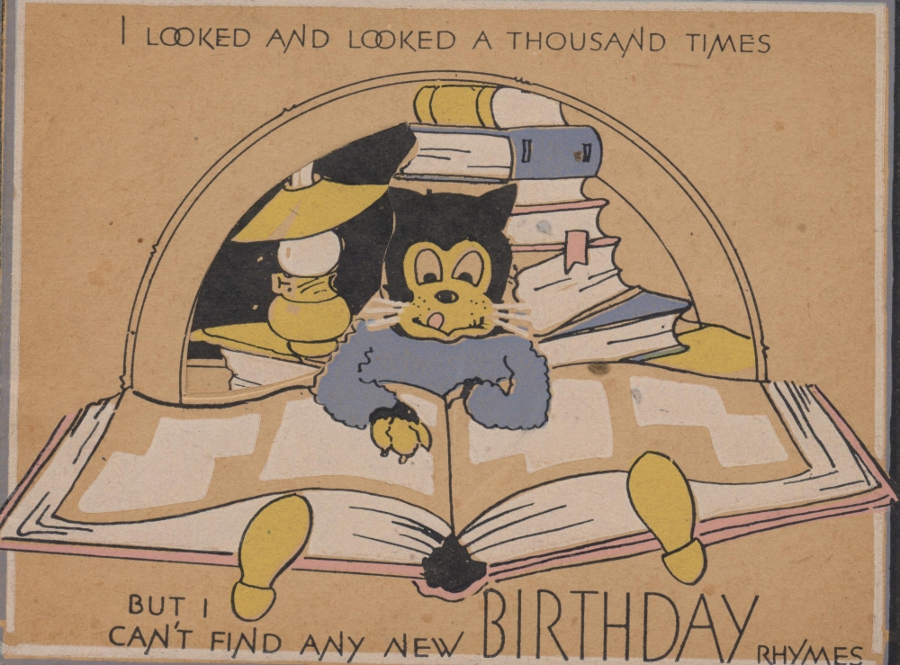Vintage Birthday Greeting Card with Anthropomorphic Cat and Books