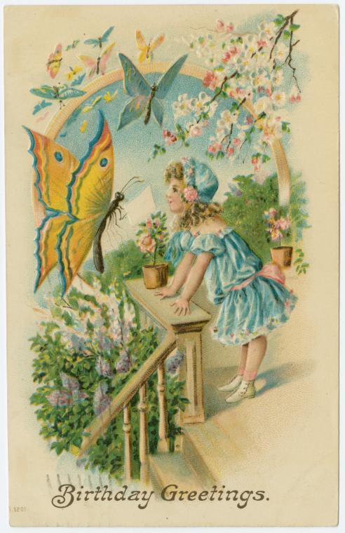 Victorian Birthday Greeting Card with Girl & Butterflies