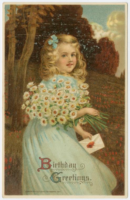 Victorian Birthday Greetings Card: Girl with Daisy Bouquet