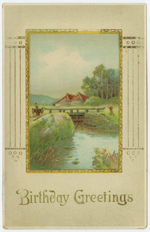 Vintage Birthday Greetings Card | Edwardian Rural Landscape Art