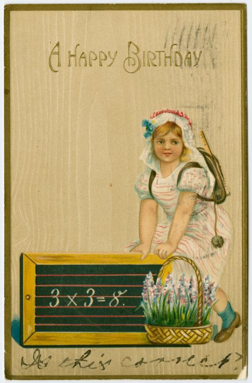 Victorian Birthday Greeting Card with Schoolgirl & Slate Board