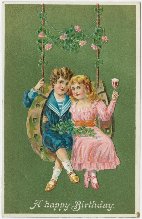Victorian Birthday Greeting Card Children on Swing with Roses
