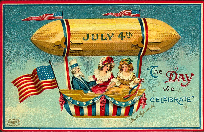 Vintage July 4th Greeting Card with Dirigible Blimp & Patriotic Design