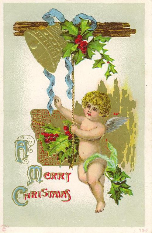 Victorian Christmas Card with Cherub and Holly Garland