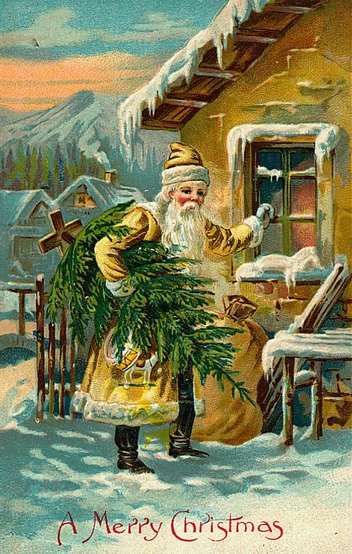 Victorian Christmas Santa with Tree & Mountain Lodge