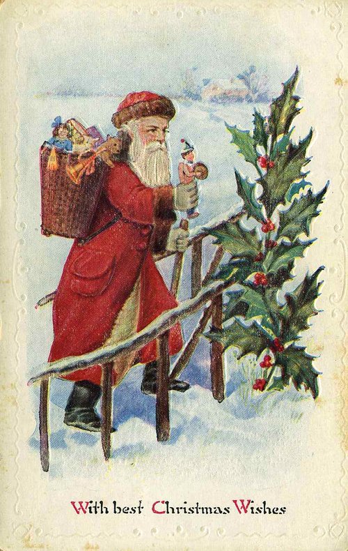 Victorian Santa Climbing Ladder to Holly Christmas Card