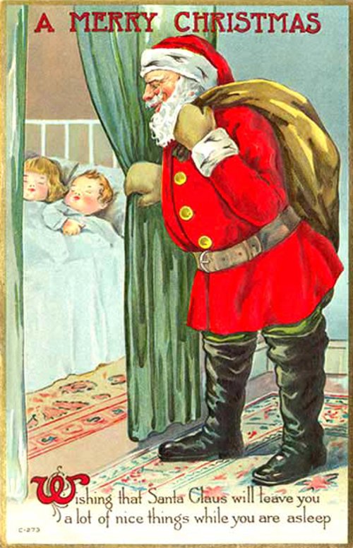 Early 1900s Santa Christmas Greeting Card with Sleeping Children