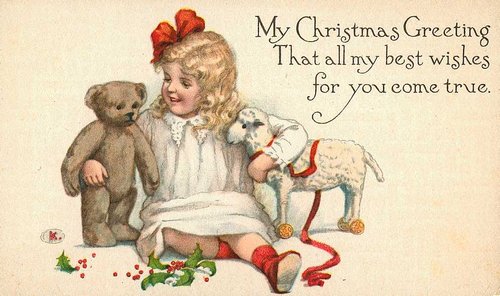 Edwardian Christmas Card with Girl, Teddy Bear & Toys