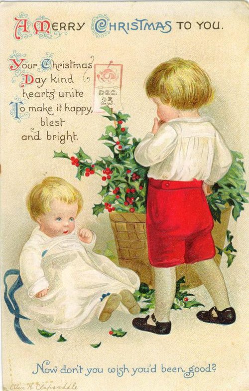 Early 1900s Christmas Card with Children and Holly Basket