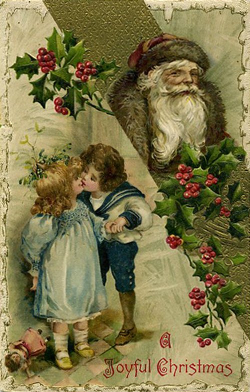 Victorian Christmas Greeting Card with Santa and Children